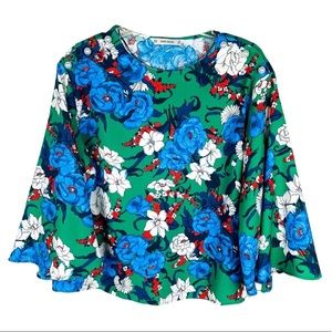 Zara Green Floral Bell Sleeve Top Size L